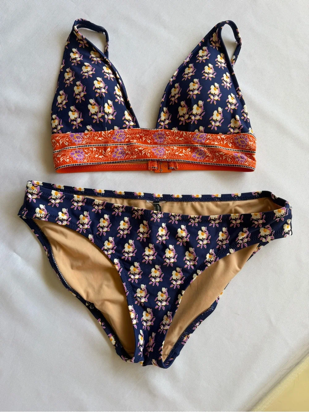 J. Crew Navy Floral Bikini with Orange Accents Top Fits like XS Bott S